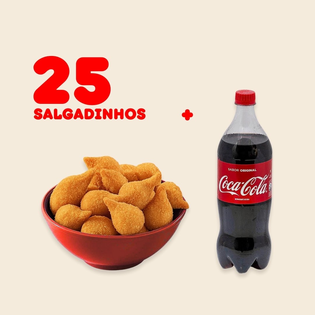 25 Salgadinhos + Coca-Cola de 1 Litro