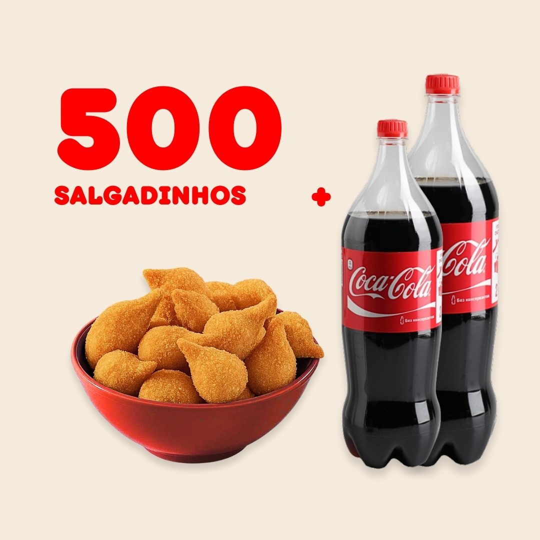 500 Salgadinhos + 2 Coca-Cola de 2 Litros